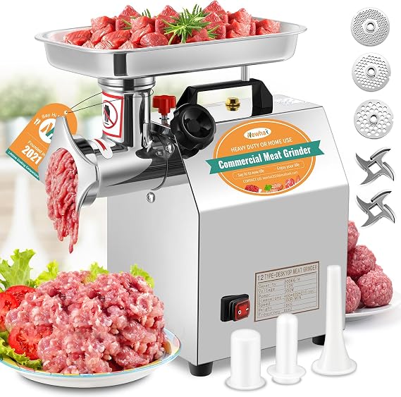 Newhai 1.3HP Commercial Meat Grinder Machine, 950W Heavy Duty, 3/6/8mm | Stainless Steel Mincer, 110V Industrial Sausage Stuffer with 2 Blades 3 Plates, Grinding Chicken & Fish Bones for Restaurant