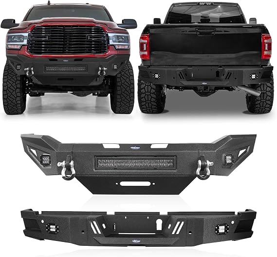 u-Box Ram 2500 Bumpers Front + Rear Bumper Combo Compatible with 2019-2024 Ram 2500 Pickup Trucks - Steel Texture Bumpers w/Winch Plate & Skid Plate & LED Lights