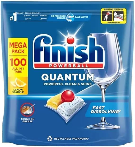 Finish Dishwasher Tablet, Quantum Infinity Shine, 100 Tablets, Lemon Sparkle, Powerful Clean & Shine Detergent Tabs, Tough on Grease Stains