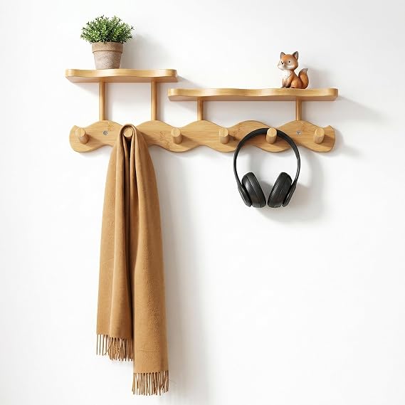 Wave-Shaped Bamboo Coat Rack Wall Mount with Shelf - Modern 6-Hook Rack