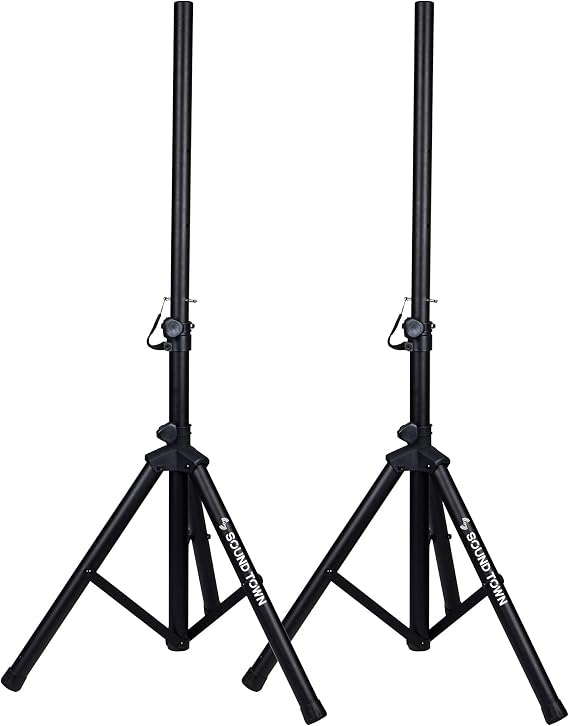 Sound Town 2-Pack Universal Tripod Speaker Stands with Adjustable Height, 35mm Compatible Insert, Locking Knob and Shaft Pin, Black (STSD-48B-PAIR)