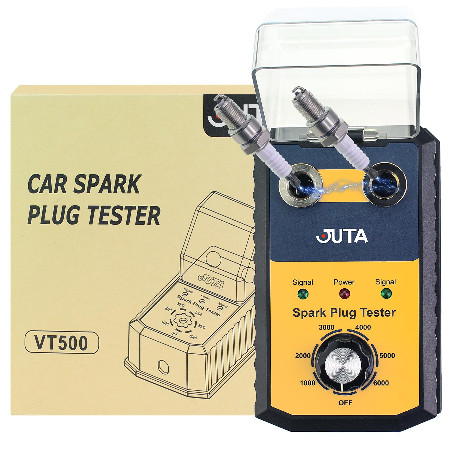 Car Spark Plug Tester, JUTA VT500 Automotive Engine Ignition Plug Analyzer 110V with Protective Cover Spark Plug 0 to 6000rpm with Double Hole 12MM Spark Plug Socket