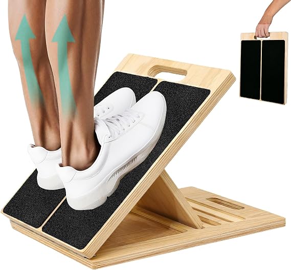 Slant Board, Wooden 5Angle Calf Stretcher NonSlip for Plantar Fasciitis & Achilles Pain Relief, 350 LBS Portable Therapy Foot Stretcher with Training Poster, Relief Leg Heel Ankle Pain