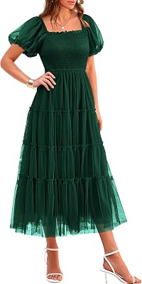 PRETTYGARDEN Womens Smocked Midi Tulle Dress 2026 Summer Puffy Short Sleeve Square Neck Ruffle Wedding Guest Party Dresses
