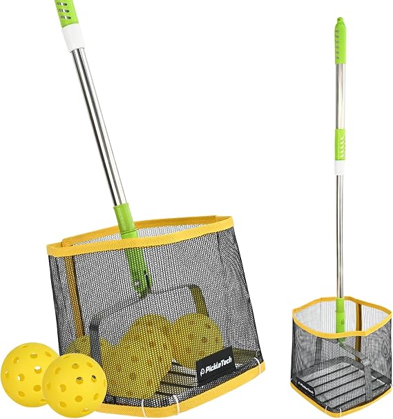 PICKLETECH Pickleball Ball Picker Upper - Tennis Balls Hoppers, 20-Ball Large Capacity | 24-34" Telescopic Stainless Steel Handle | Lightweight Portable for Outdoor Courts Clearance