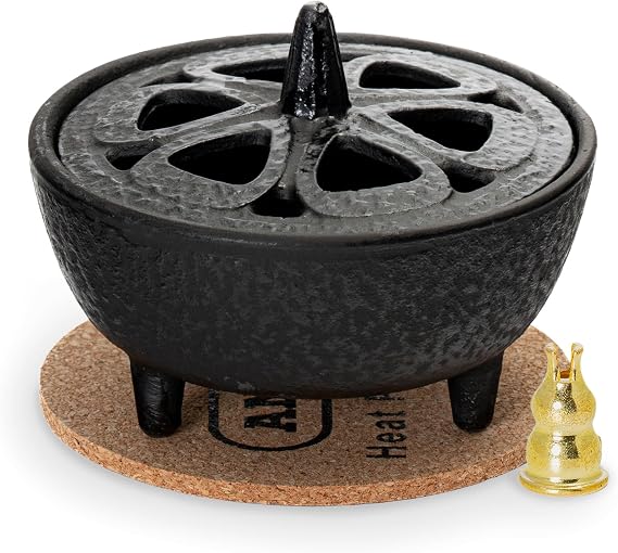 Anbar Lotus Flower Incense Burner, Cast Iron Bowl and Lid for Sticks, Cones, Wax Melts, Charcoal and Resin, Traditional Oriental Zen Home Decor, Supports Aromatherapy and Mindfulness