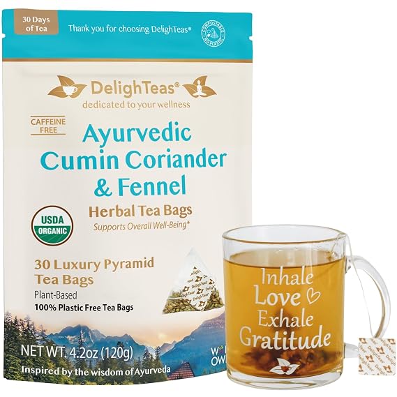 DelighTeas Organic CCF Tea with Inspirational Tea Mug | 30 Eco-Conscious Pyramid Tea Bags | Ayurvedic Cumin, Coriander, Fennel Tea