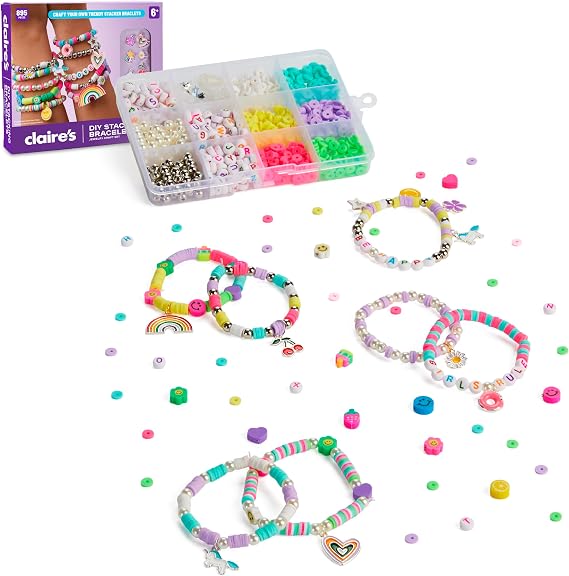Claires DIY Bracelet Kit 895-Piece Jewelry Making Supplies Set| Clay Heishi Beads, Alphabet, Charms, String| Friendship Bracelet Kit for Girls| Arts & Crafts Activity| Fashion Accessory Gift Age 8+