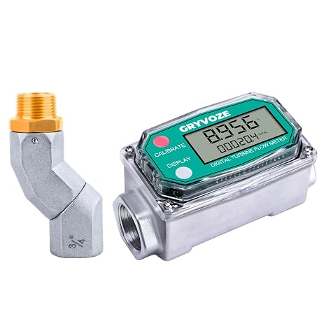 3/4 Inch Digital Turbine Fuel Flow Meter with 3/4 Inch NPT Fuel Hose Nozzle Swivel for Water, Diesel, Gas Oil, Gasoline, and Other Liquids - Supports Gallon, QTS, PTS, L, m3