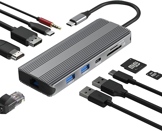 10-in-1 USB-C Docking Station with 8K HDMI,DP, 5Gbps USB 3.0, 100W PD Charging, Gigabit Ethernet, SD/TF Card Reader, 3.5mm Audio, Compatible with Windows/macOS/Linux