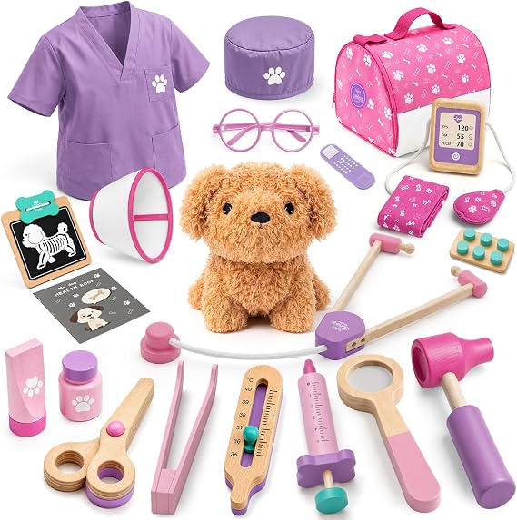 Lehoo Castle Wooden Doctor Kit for Toddlers 3-5, Vet Toys for Kids(Pink)