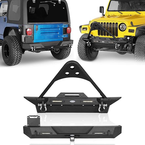 u-Box Wrangler TJ Front & Rear Bumpers Combo - Stinger Bull Bar & Winch Plate & Hitch Receiver & LED Lights for Jeep Wrangler TJ 1997-2006