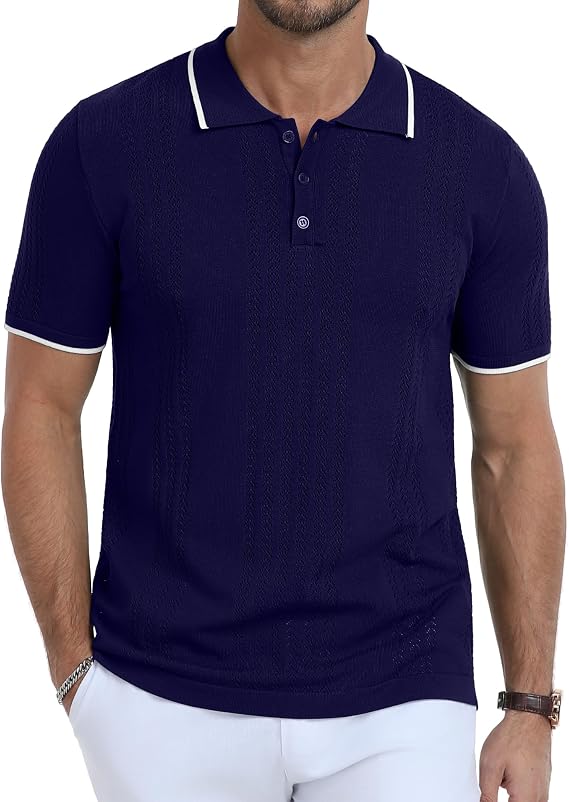 KUYIGO Mens Hollow Out Knit Polo Shirts Short Sleeve Textured Casual Shirt
