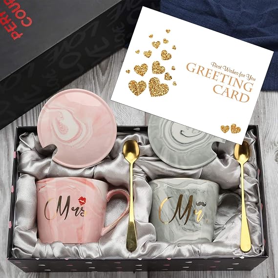 Mr and Mrs Ceramic Couple Coffee Mugs Set, Engagement Gifts for Couples