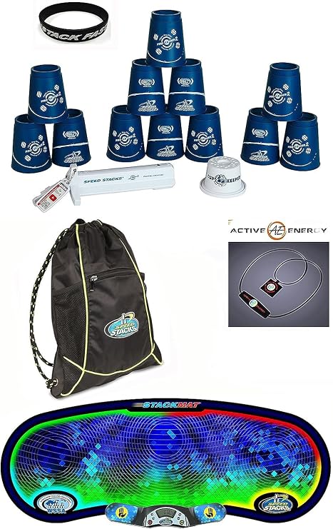 Speed Stacks The Elite Custom Combo Set: 12 Blue PRO Series 2 Choi 4" Cups, Cup Keeper, Quick Release Stem, Pro Timer G4, Mat, Stacker Backpack + Active E Necklace $49 Value