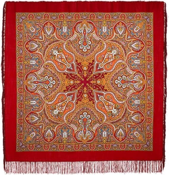 Pavlovo Posad Wool Shawl for Women with Silk Fringe 57.5x57.5'' (146x146 cm) 100% Wool Scarf for Women, Wrap, Fashion Scarves