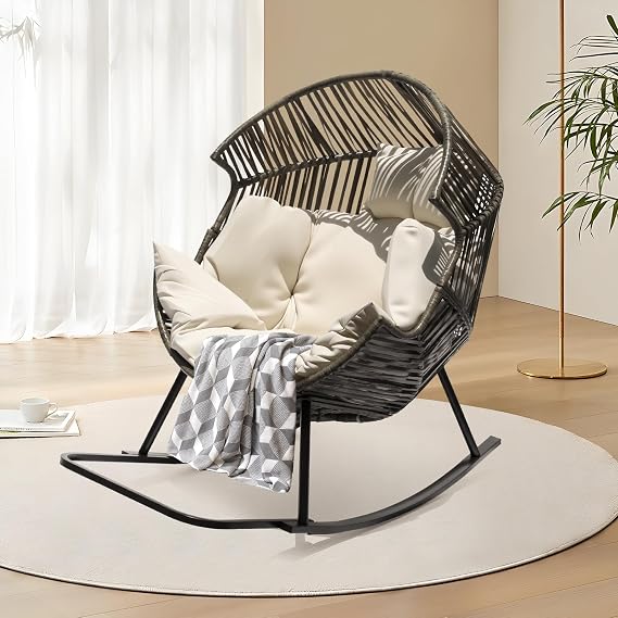 Outdoor Rocking Chair,Oversized Wicker Chair with Removable and Thick Cushion,Comfy Rocking Lounge Chair,for Courtyard,Balcony,Porch,Backyard