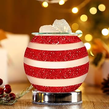 Baquler Christmas Wax Warmer for Scented Wax Melts and Candles - Electric Candle Warmer with Remote Dimmable Light Candy Cane Red White Striped Glass Burner for Home Table Decor Holiday Gifts