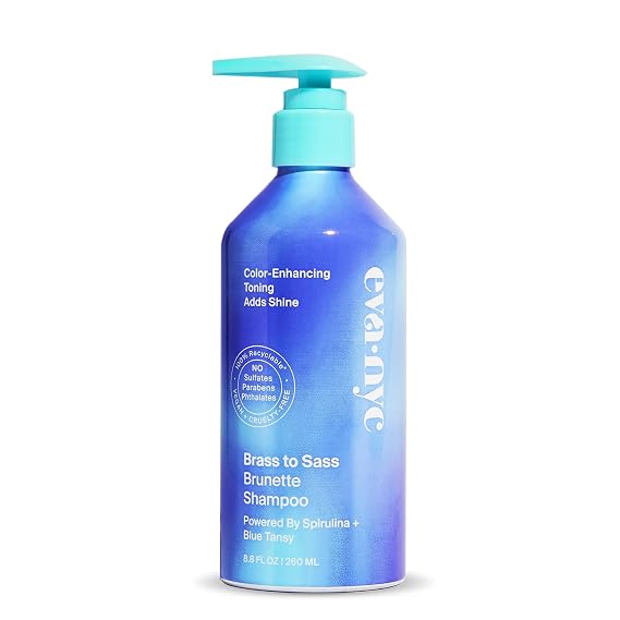 Eva NYC Brass to Sass Brunette Shampoo, Toning Blue Shampoo for Brunettes, Neutralizes Brassy Red and Orange Tones, Blue for Color Treated Hair, 8.8 fl oz