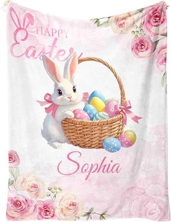 Ships Next Day - Personalized Baby Blanket with Name, Easter Bunny Blanket Gifts for Girls Boys, Custom Flannel Name Blanket, Personalized Easter Gifts for Kids Toddlers