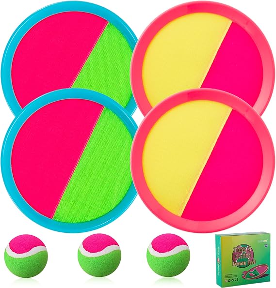Beach Games, Outdoor Toys for Kids Ages 4-8, Toss and Catch Ball Set, with 4 Paddles 3 Balls, and 1 Storage Bag, Beach Toys Easter Gifts for Kids