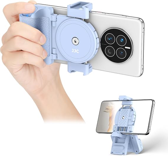 JJC Phone Camera Grip with Wireless Remote, Smartphone Grip Handle with Adjustable Clamp & Two Cold Shoe Mounts for iPhone Samsung Android Phones - Blue