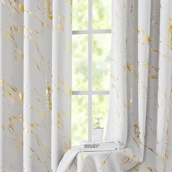 WUBODTI White and Gold Blackout Curtains 45 Inch Bedroom Grommet 2 Panels