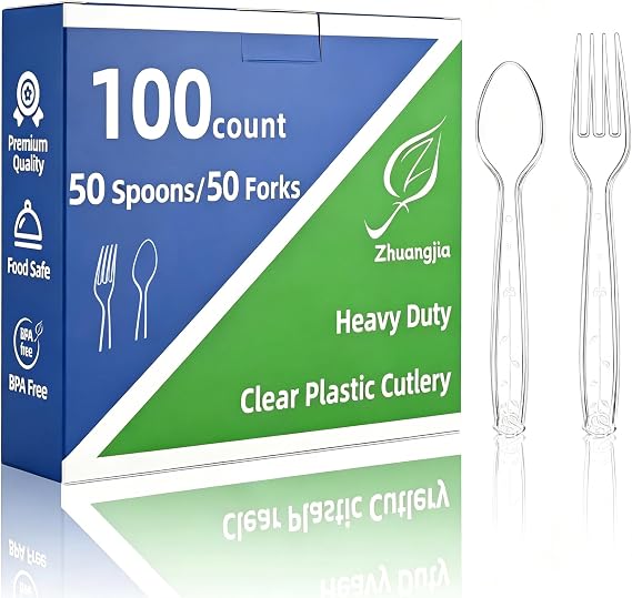 100 Count Plastic Silverware Heavy Duty 50Forks50Spoons