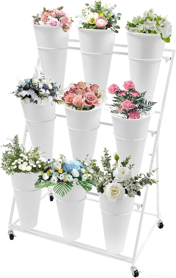 Flower Display Stand With Buckets,Flower Holder With Wheels, Moving Bouquet Shelf Rack For Patio Garden Balcony Flower Shop, Outdoor Flower Pop-Up Events (White Shelf 9 Bucket)
