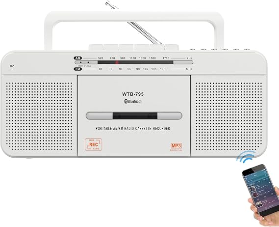 WTB-795 Retro Cassette Player with USB/Bluetooth/AM/FM Radio Stereo Built-in Microphone Recorder Cassette to MP3 Converter Large Speaker Headphone Jack Two 3 Inch Speakers Portable