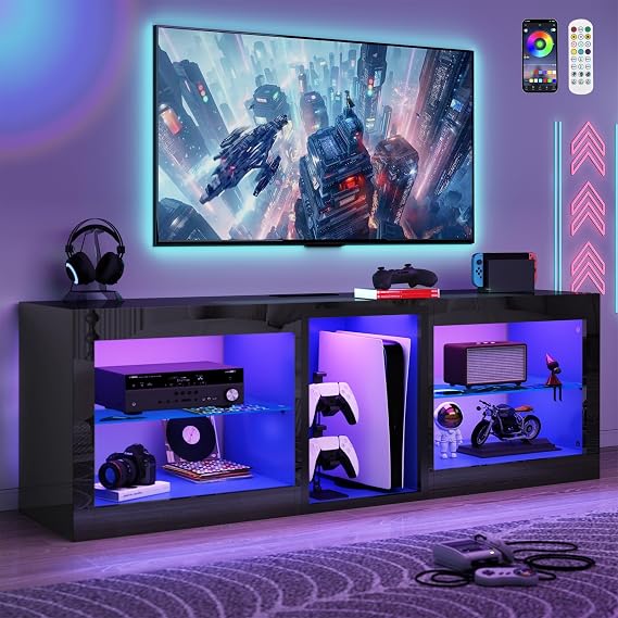 chartustriable LED TV Stands W/Power Outlet for 65 70Inch TV,63" Modern Entertainment Center W/7000-Colors Light for P S 5,High Gloss TV Console w/Adjustable Shelves for Living Room Gameroom(Black)