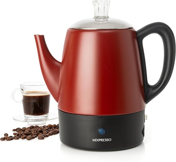 Mixpresso 4 Cup Red Small Electric Percolator Coffee Pot, Stainless Steel