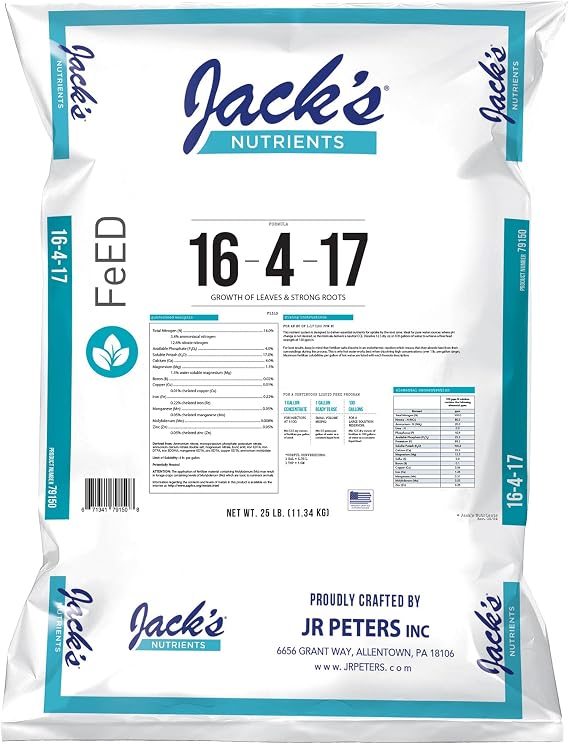 Jack's Nutrients 16-4-17 Hydroponic Fertilizer, 25lb | Powdered, Targeted Micronutrient Package, Promotes Leaf and Strong Root Growth in Herbs, Lettuce, and Other Leafy Greens
