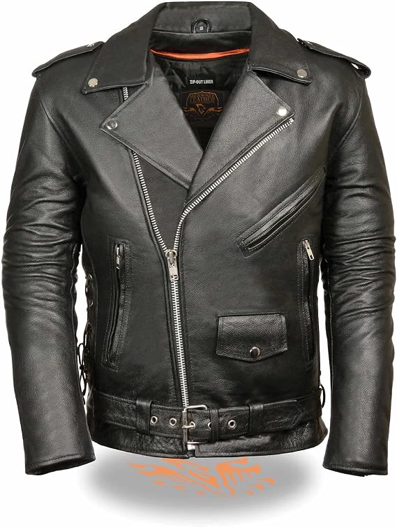 Leather King Men's Classic Side-Lace Motorcycle Leather Jacket. Action Back. Zip-Out Liner (X-Large)