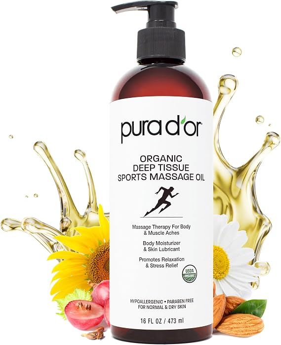 PURA D'OR 16 Oz Organic Deep Tissue Sports Massage - Jojoba, Sunflower, Almond, Grapefruit & Eucalyptus Oils - Alleviate Muscle Soreness