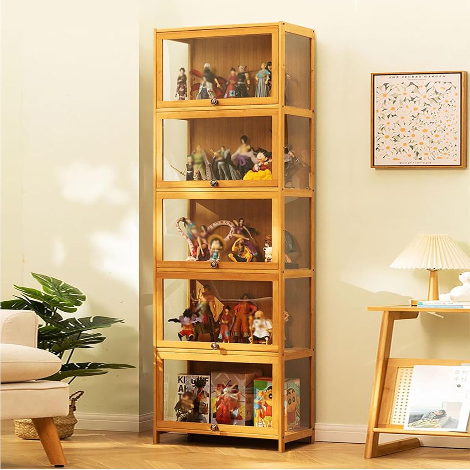 Pxkmouy Collection Case Display Cabinet Desktop Figure Case 5 Layer Collection Cabinet Acrylic Showcase Natural Bamboo Frame Display Case Hover Flip Cabinet Door Doll Car Model Small Statue Sturdy