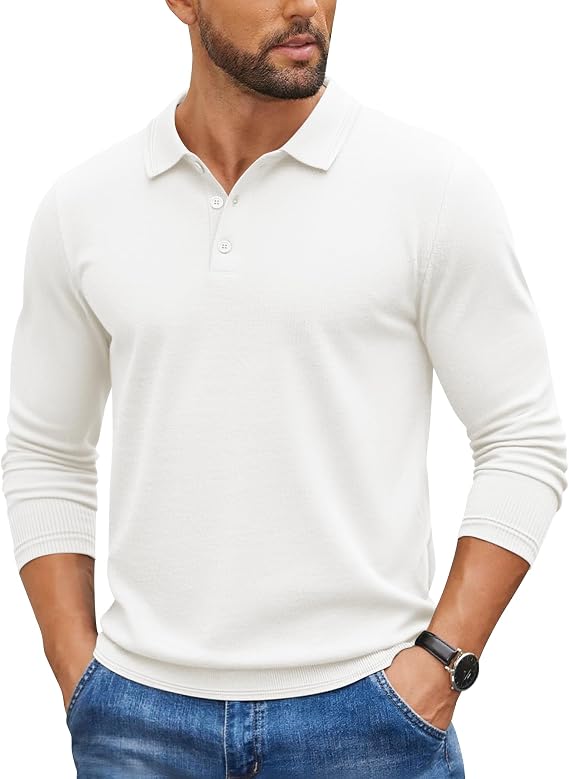 COOFANDY Mens Knit Polo Sweater Long Sleeve Casual Golf Polo Lightweight Dress Button Collar Pullover Sweaters