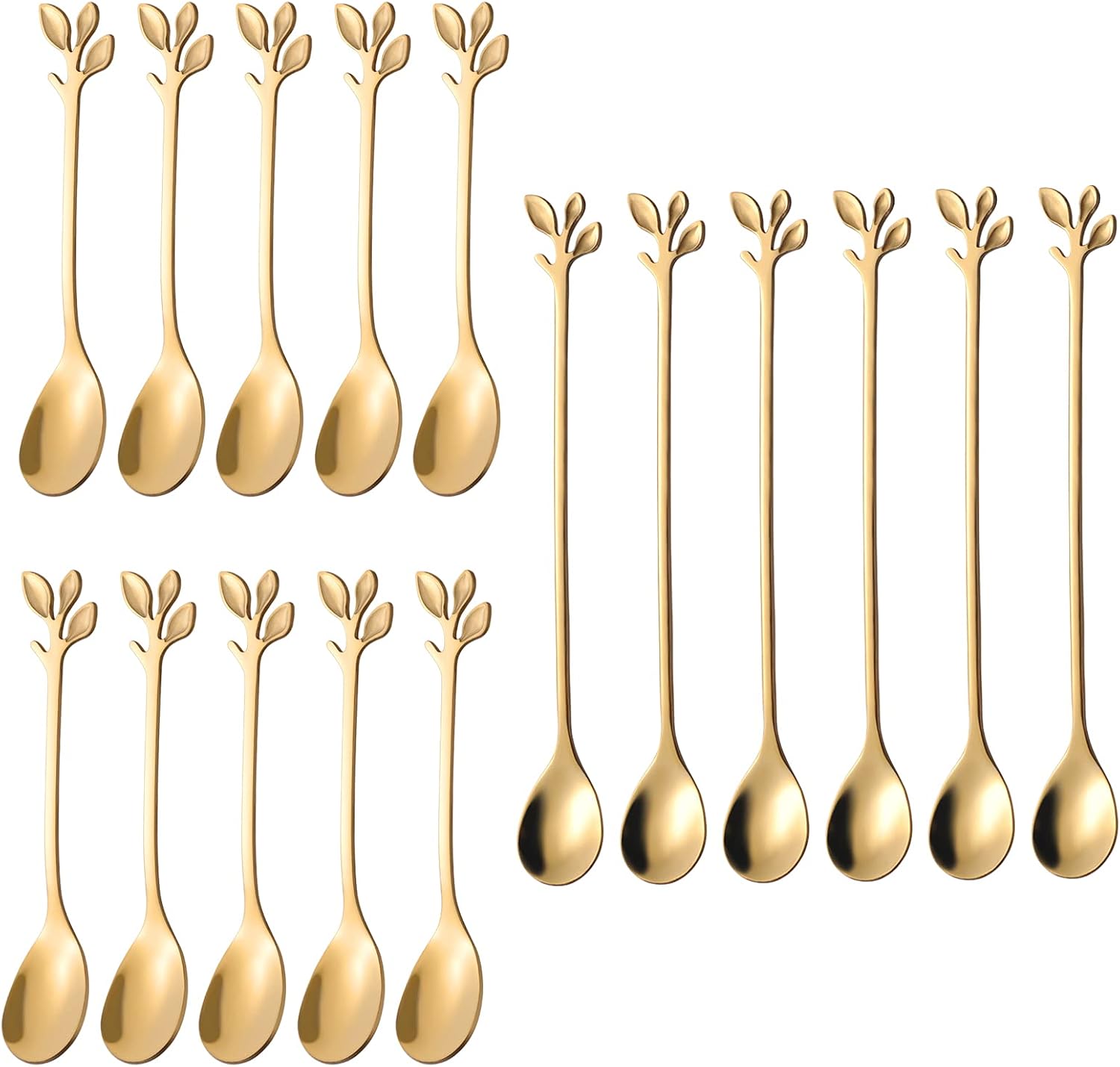 AnSaw 6 Pcs 7.4 Gold Leaf Long Handle Tea Spoons  10 Pcs 4.7 Gold small coffee spoons, Premium Food Grade Stainless Steel, Mirror Finish & Dishwasher Safe