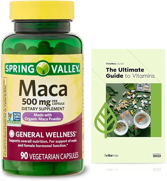 Spring Valley Maca Root 500mg, 90 Capsules, Organic Maca Root for Women and Men + Exclusive VitaMax Vitamin Guide (2 Items)