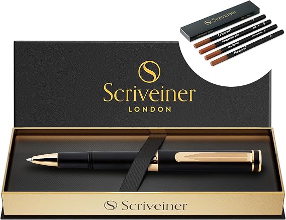 Scriveiner Black Rollerball EDC Luxury Pen, Stunning Pocket Pen, Real Gold Plating, bundle with Rollerball Refill Black Fine - 4 Refills in one box