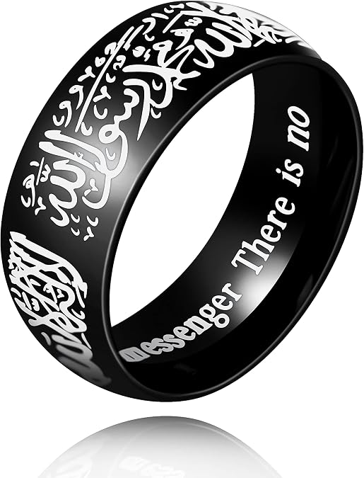 Uloveido Muslim Mohammad Arabic Letter Shahada Rings Gold Color Stainless Steel 8mm Wide Band Religious Allah Rings for Men and Women Y543