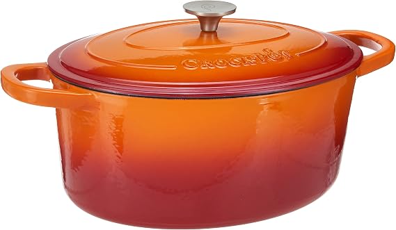 Crock Pot Artisan 7-Quart Oval Enameled Cast Iron Dutch Oven Sunset Orange, Durable Heavy-Duty Cookware for Slow Cooking, Roasting, Baking with Lid