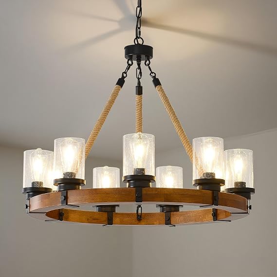 Wagon Wheel Chandelier, 9 Lights, 31 Inches, with Bubble Glass Shade, Round Wooden Farmhouse Lamp, Hanging High Ceiling Fixture for Vintage Style Living Room, Dining Room, Coffee House
