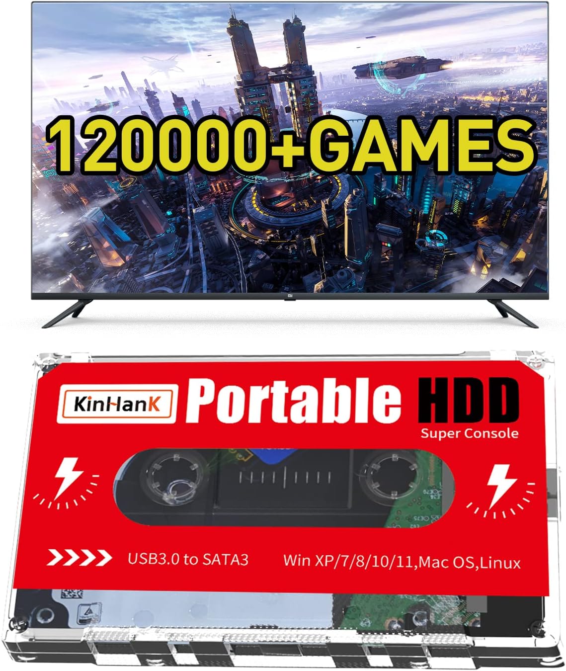 Kinhank 2TB External Hard Drive with 120,000  Retro Games, Batocera 33 Game System, Hard Drive for Laptop  PC  Windows  Mac OS, Compatible with PS3  PS2  PS1  PSP  DC  MAME  ARTARI  SEGA SETURN, USB 3.0