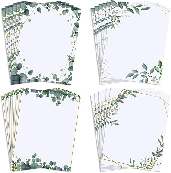Teling 48 Sheets Decorative Printer Paper Writing Scrapbook Wedding Program Paper 8.27 x 10.6 Inches Greenery Flower Border Writing for Drawing Office Thank Greeting Stationery Supplies(Eucalyptus)