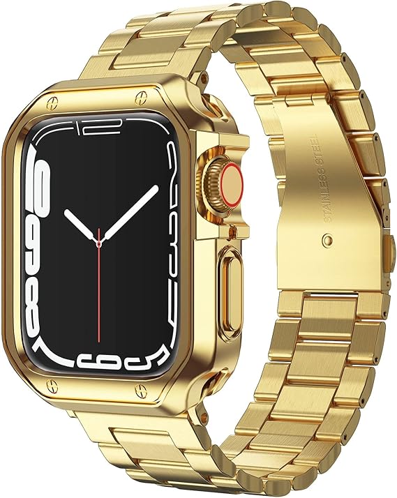 Compatible with Apple Watch Band and Case, Stainless Steel Metal Chain with TPU Cover, Smart-Watch Link Bracelet Strap, Wrist-Band for i-Watch Series 9 8 7 6 5 4 3 2 1 SE, 41mm 40mm 38mm, Gold