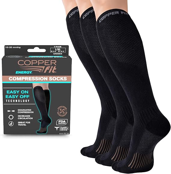 Copper Fit Energy Compression Socks (3 Pack) | Easy On, Off | Circulation & Swelling Relief | Ideal for Travel, Nurses, Running, Recovery | Men & Women