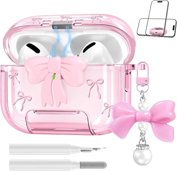 YWXTW Airpods Pro 3用かわいいボウケース 安全ロック&電話スタンド付き