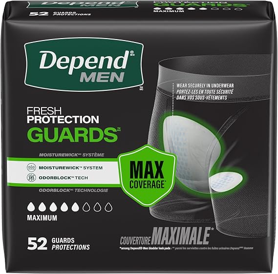 Depend Incontinence Guards for Men, Maximum Absorbency, 52 Count (Packaging May Vary) (2 Pack(52 Count))