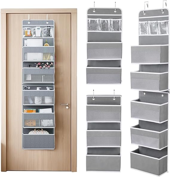 Over Door Storage Hanging Wardrobe Organiser with 6 Large Clear Pockets, 2 Metal Hooks, Hanging Handbag Storage for Bathroom Closet Dorm Nursery (Removable - Grey)